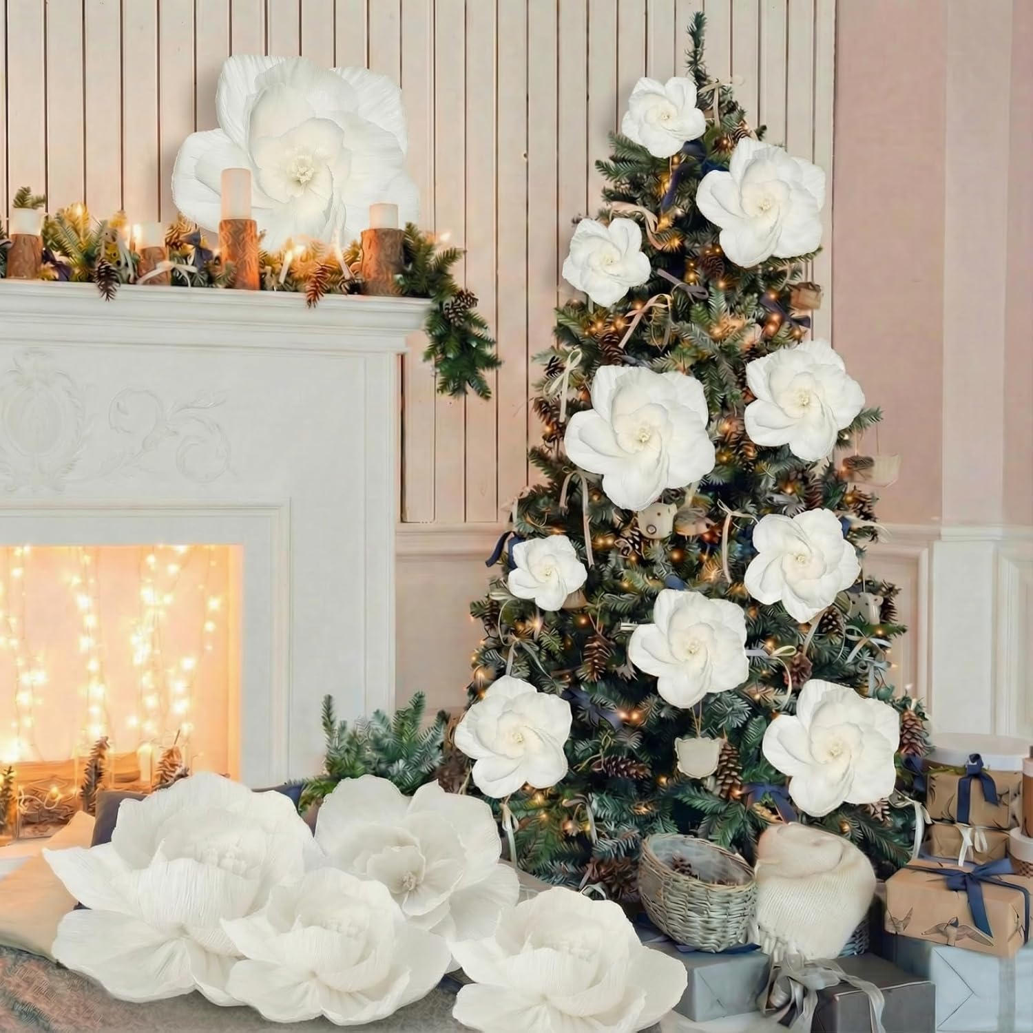 Giant Paper Flowers Artificial Large Paper Flower Decoration for Handcrafted Wall Backdrop Christmas Mexican Wedding Graduation Bridal Shower Birth Party Supplies(White,48 Pcs)