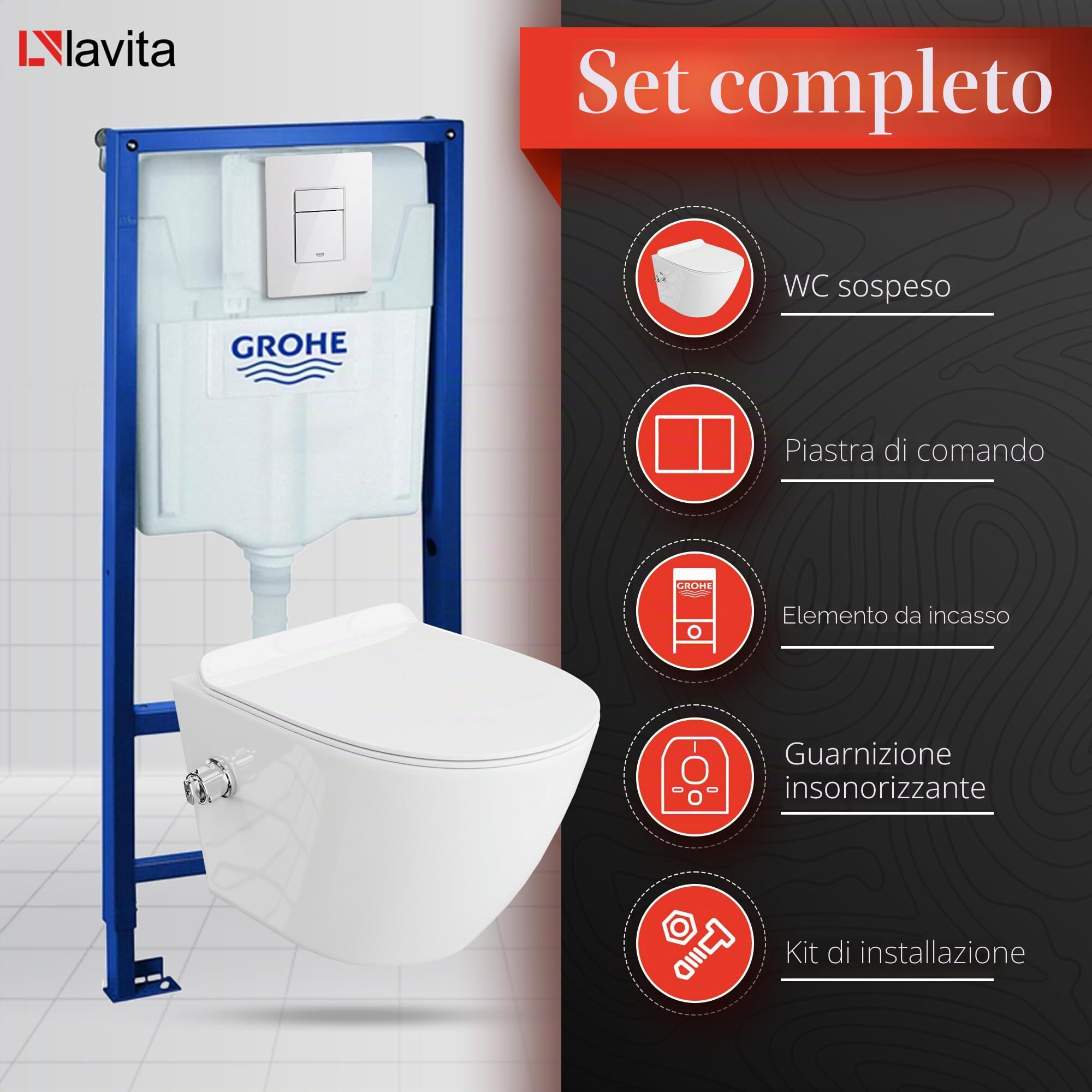 LAVITA Elemento a parete Solido + WC sospeso Salto bianco senza brida + + Sedile WC con chiusura ammortizzata bianco lucido Set completo Pulsante Completo Set WC Completo Set WC