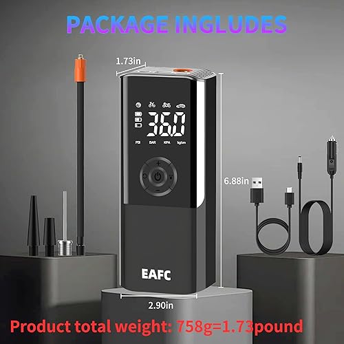 Miniatura 8 de Compresor de aire inalámbrico de 150 PSI para neumáticos de automóvil, inflador de neumáticos portátil con luz LED, cargador USB/encendedor de