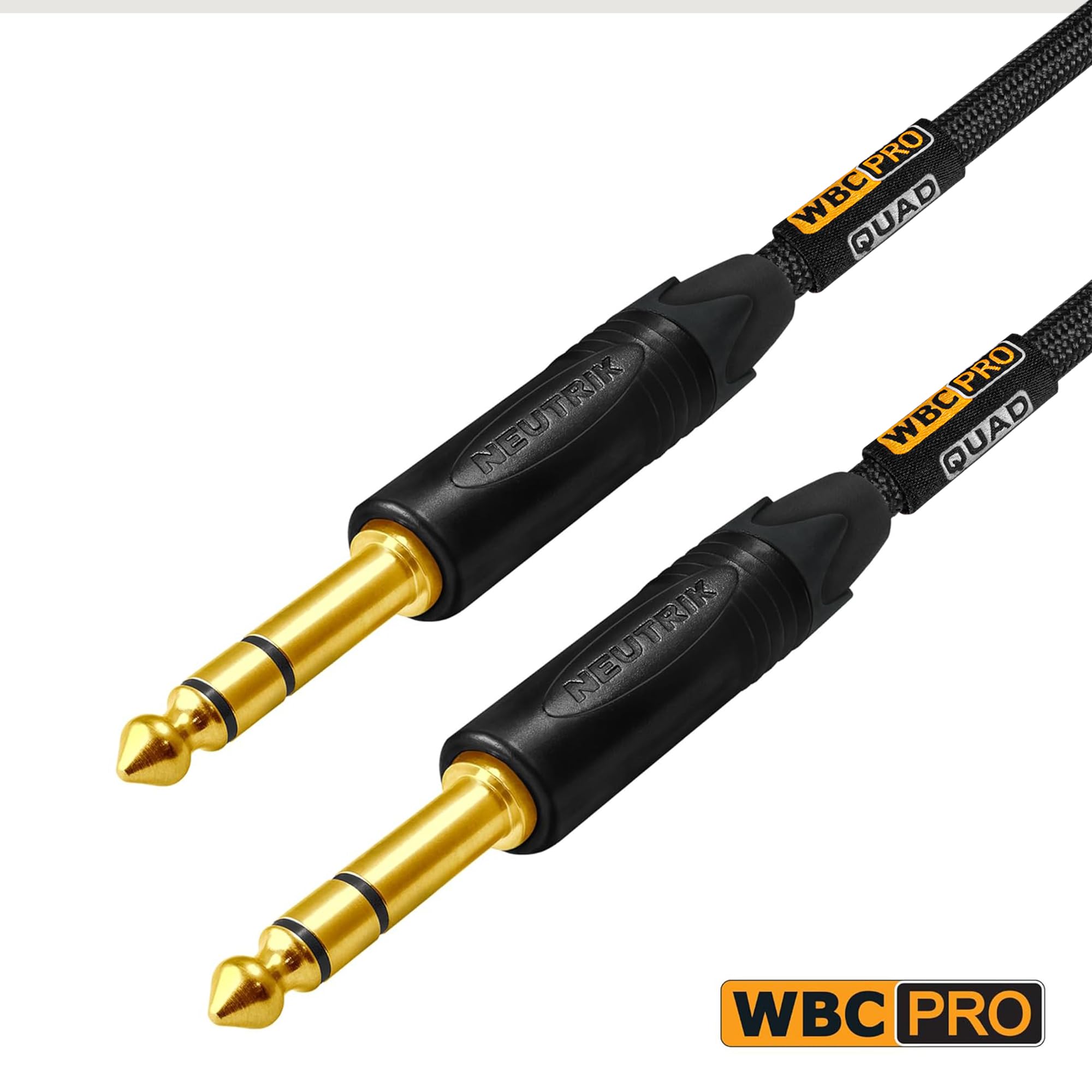 2 cavi Star-Quad ultra silenziosi, ultra flessibili e bilanciati, 4,8 m, con connettori stereo TRS dritti dorati Neutrik NP3X-B da 6,35 mm e rivestimento in tweed nero