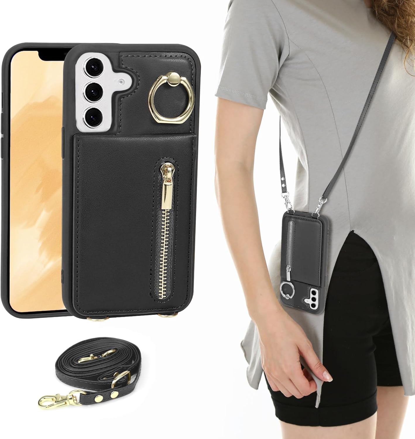 Crossbody Wallet Case for Samsung Galaxy S26, with Card Slots Zipper Pocket Case, Flip Folio Purse RFID Blocking with Ring Kickstand Detachable Strap-Beige