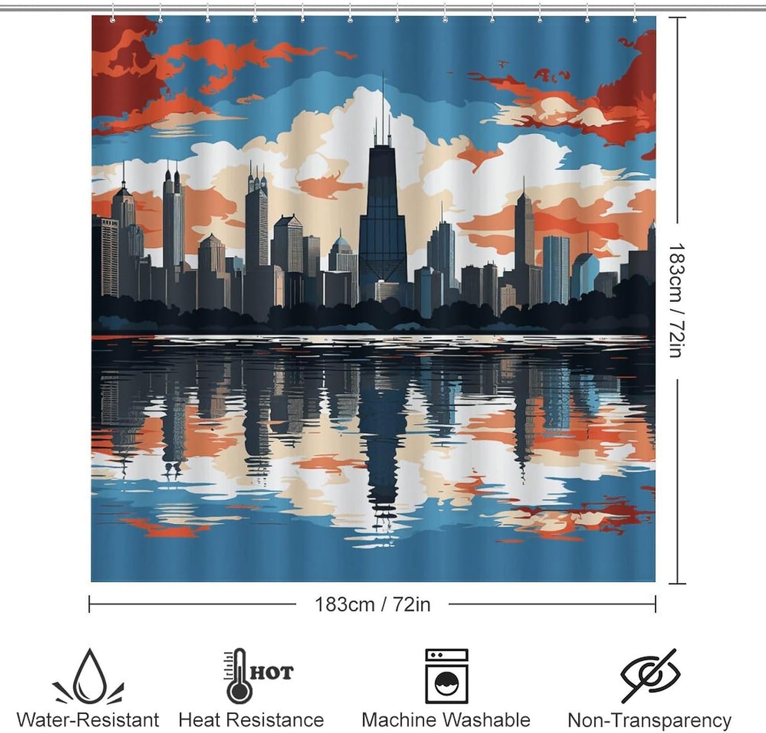Chicago Skyline Shower Curtain Set 4 Piece, Non-Slip Bath Mat with Toilet Lid Cover and Waterproof Shower Curtain with 12 Hooks, Complete Bathroom Set for Home Decor