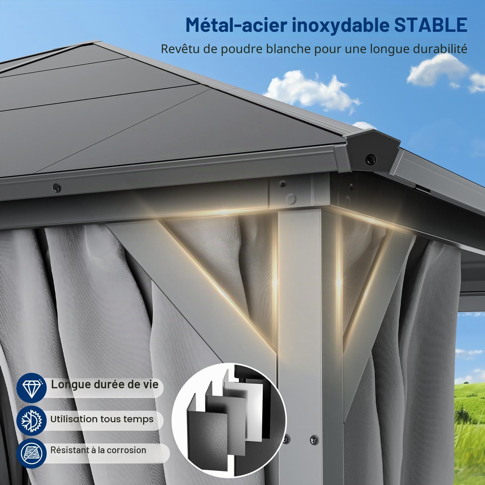 UDPATIO Tonnelle de Jardin 3x3m Imperméable - Toit UV Résistant avec Rideaux, Tonnelle Stabilisée pour Jardin, Terrasse (Gris)