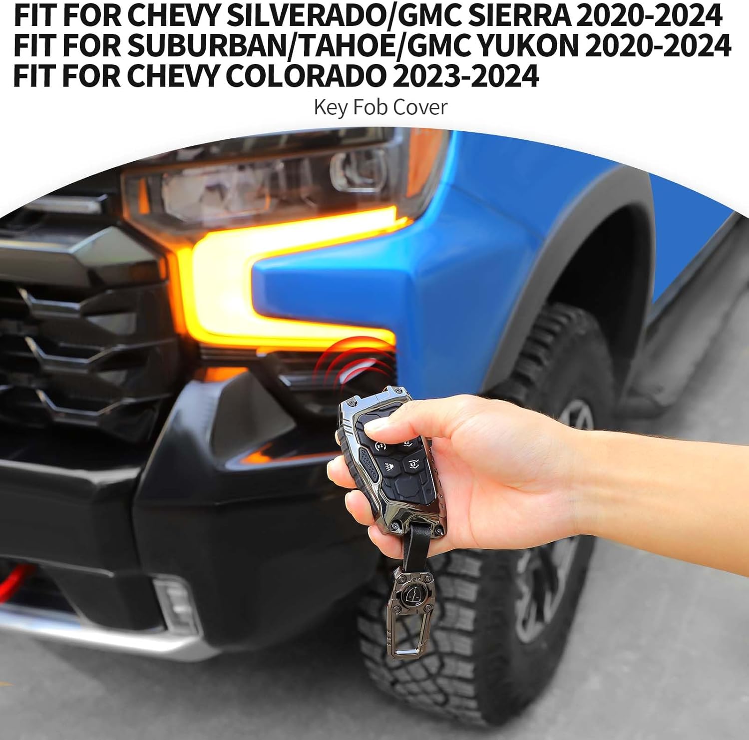JeCar Key Fob Cover Zinc Alloy Key Case with Keychain Compatible with Chevy Silverado/GMC Sierra/Suburban/Tahoe/GMC Yukon 2020-2024/Colorado 2023-2024/Hummer EV 2022-2024, 6 Buttons Smart Key