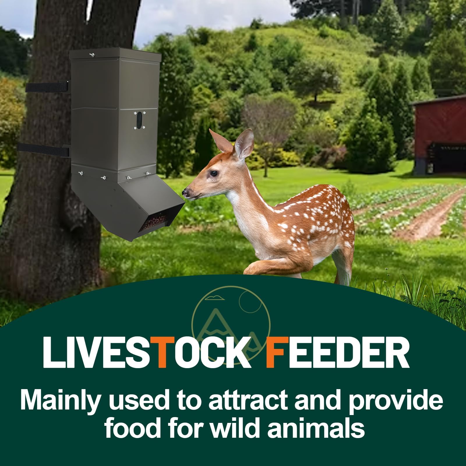 KUAFU Tree Protein Deer Feeder with Waterproof Cover and Mounting Straps, Hanging Livestock Gravity Feeder, Steel All Seasons Feeders, Feeds Corn, Rice Bran and Other Attractants