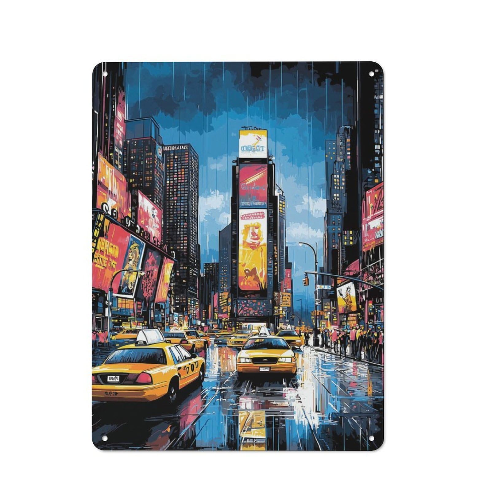 Junmoney Pop Art Times Square With Yellow Taxis Metal Wall Sign 40X30cm Featuring For Café Or Restaurant, A Decorative Metal Sign For Cafés And Restaurants