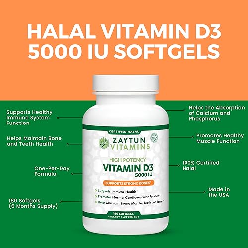 Miniatura 6 de Zaytun Halal Vitamina D3 5000 UI, 180 mini cápsulas blandas, apoya los huesos, la función muscular saludable y el sistema inmunológico, vitamina D