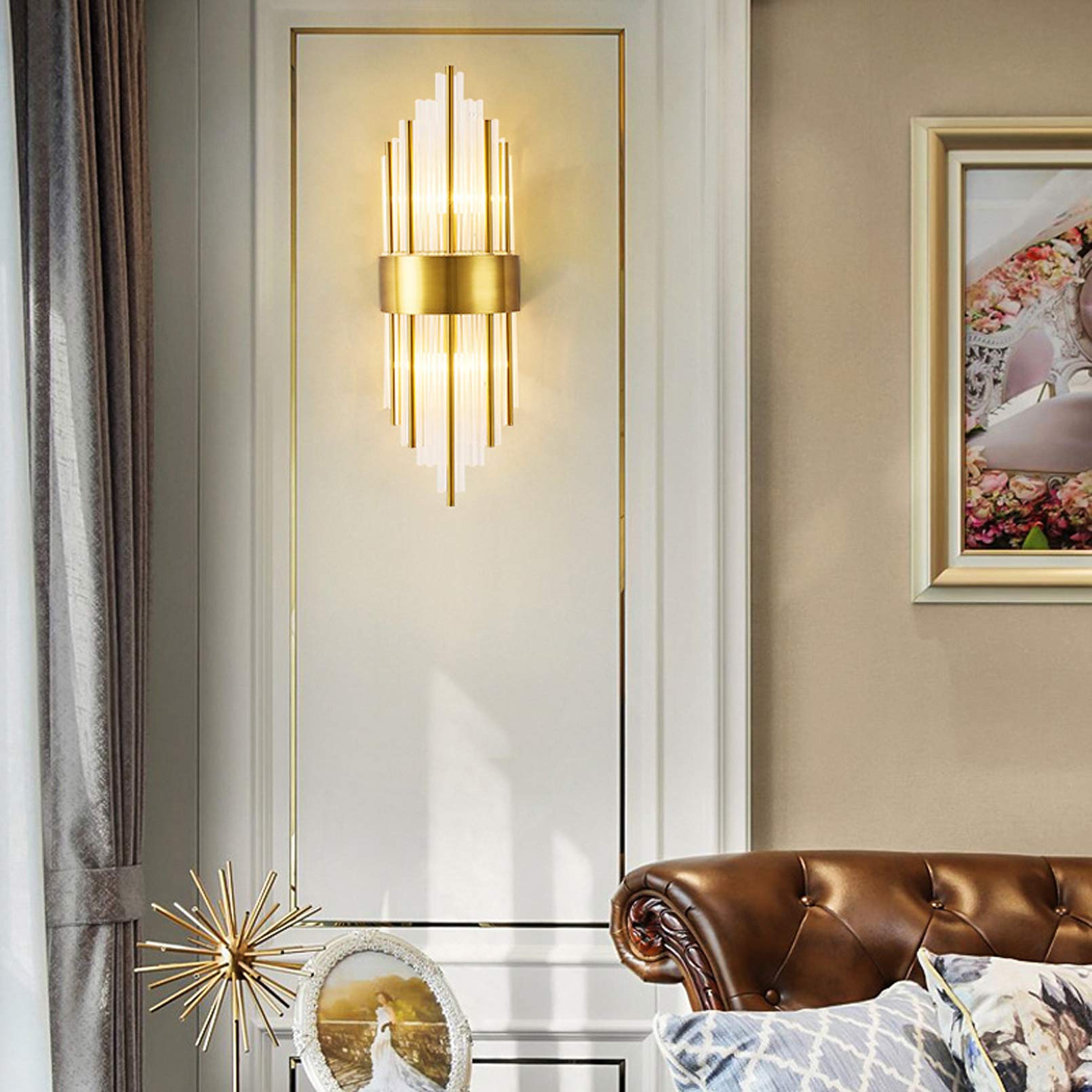 Pevfeciy Art Deco Applique Modern Crystal Wall Applique Art Deco Applique Tube Glass Tube with Shade, Lighting Table, Interior Wall Lamp, Wall Lamps E14 for Living Room and Office,Gold