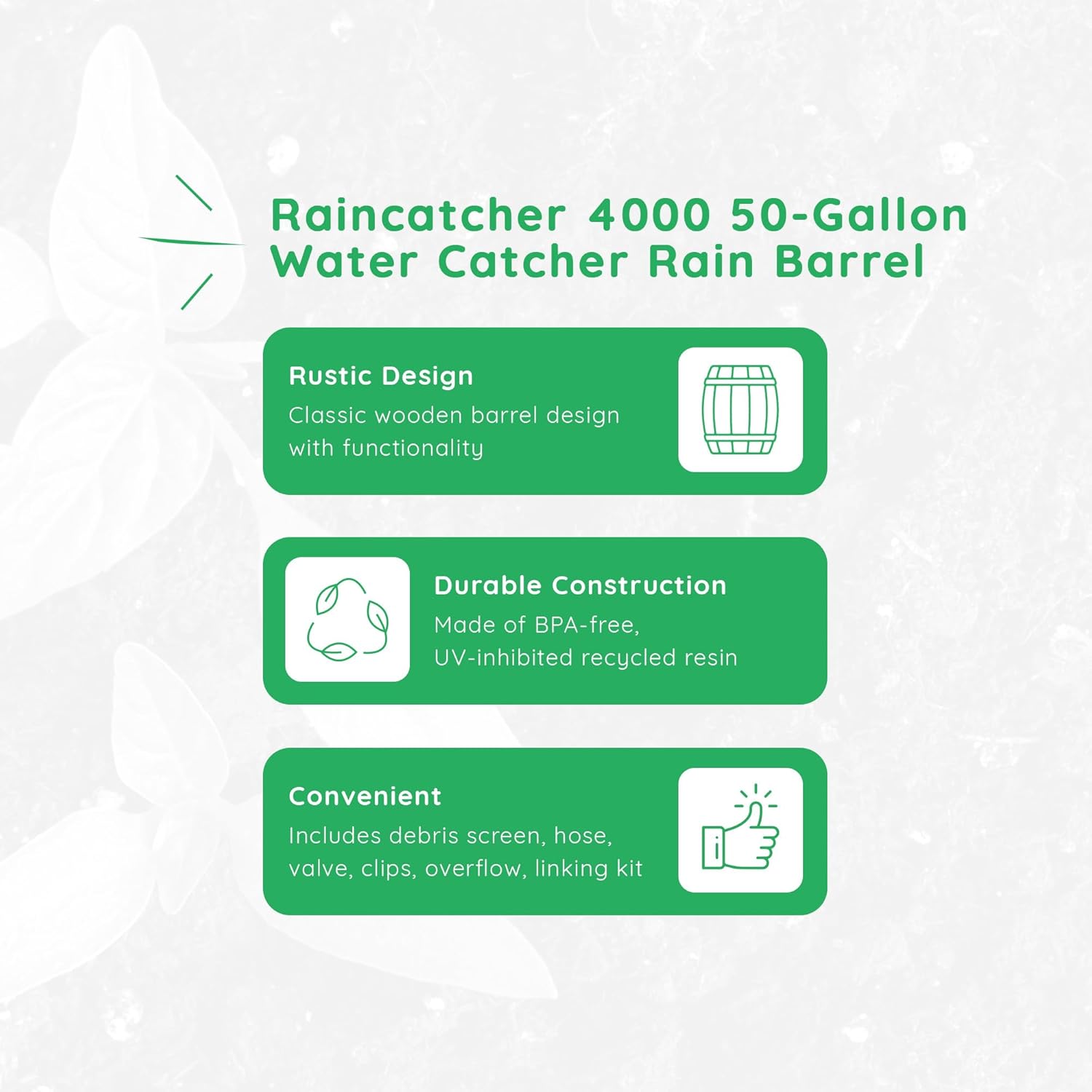 FCMP Outdoor Raincatcher 4000 Rain Barrel, Flat-Back Rainwater Catcher with Spigots, 50 Gallon, Grey - Portable Water Storage Container Tank for Home, Garden, and Backyard