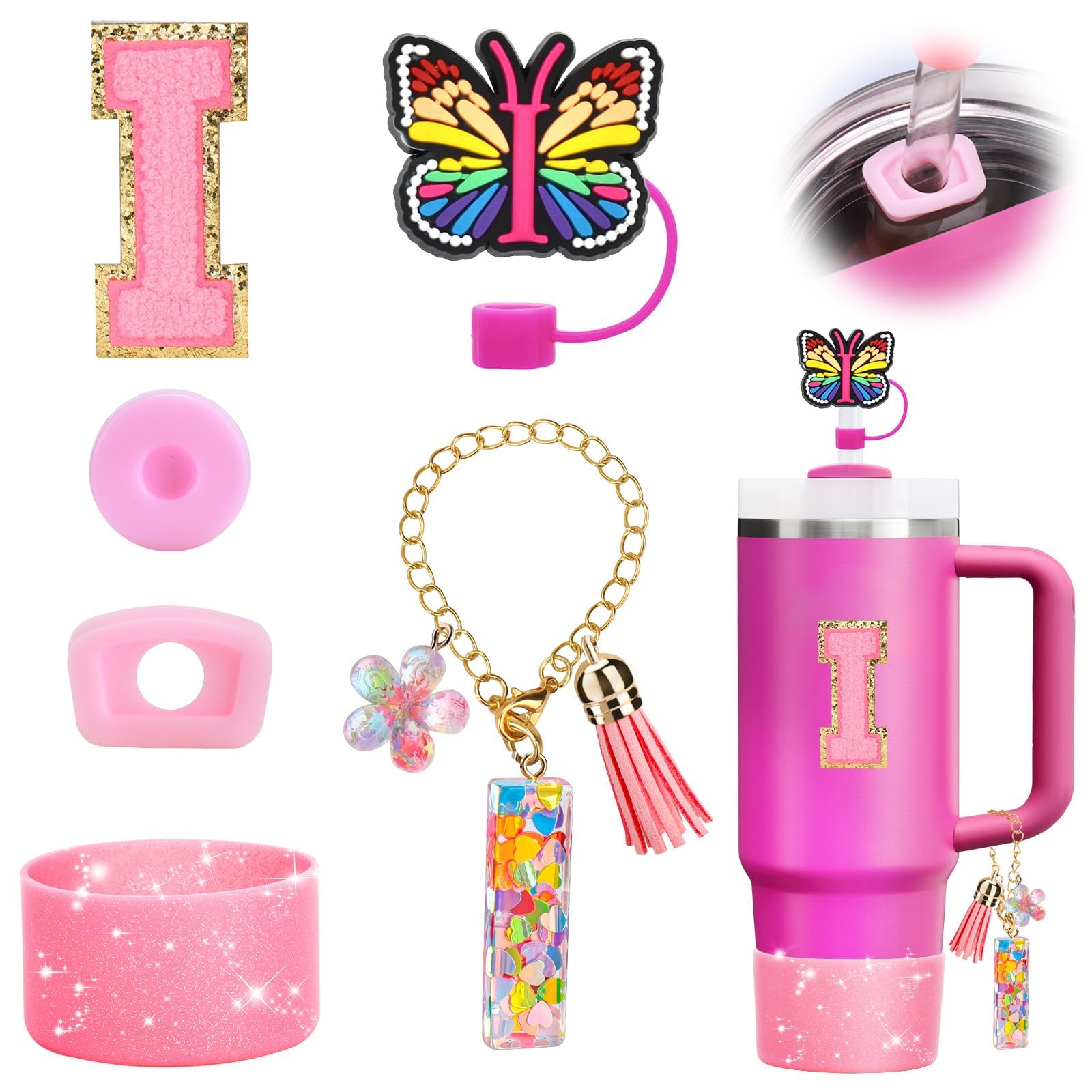 Set 10 Accessori Per Tazze Stanley Rosa - Include Copricanuccia, Cinturino Manico, Stivaletto Silicone, Ciondoli, Portachiavi, Sottobicchiere E Custodia Rossetto - 3