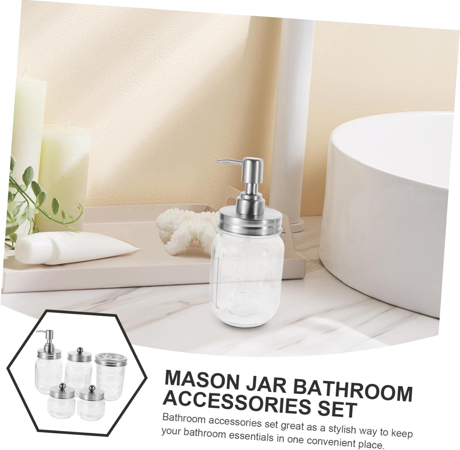 Bathroom Accessory Mason Jar Toothbrush Holder Soap Dispenser Set Shampoo Dispenser Shower Cotton Swabs Container