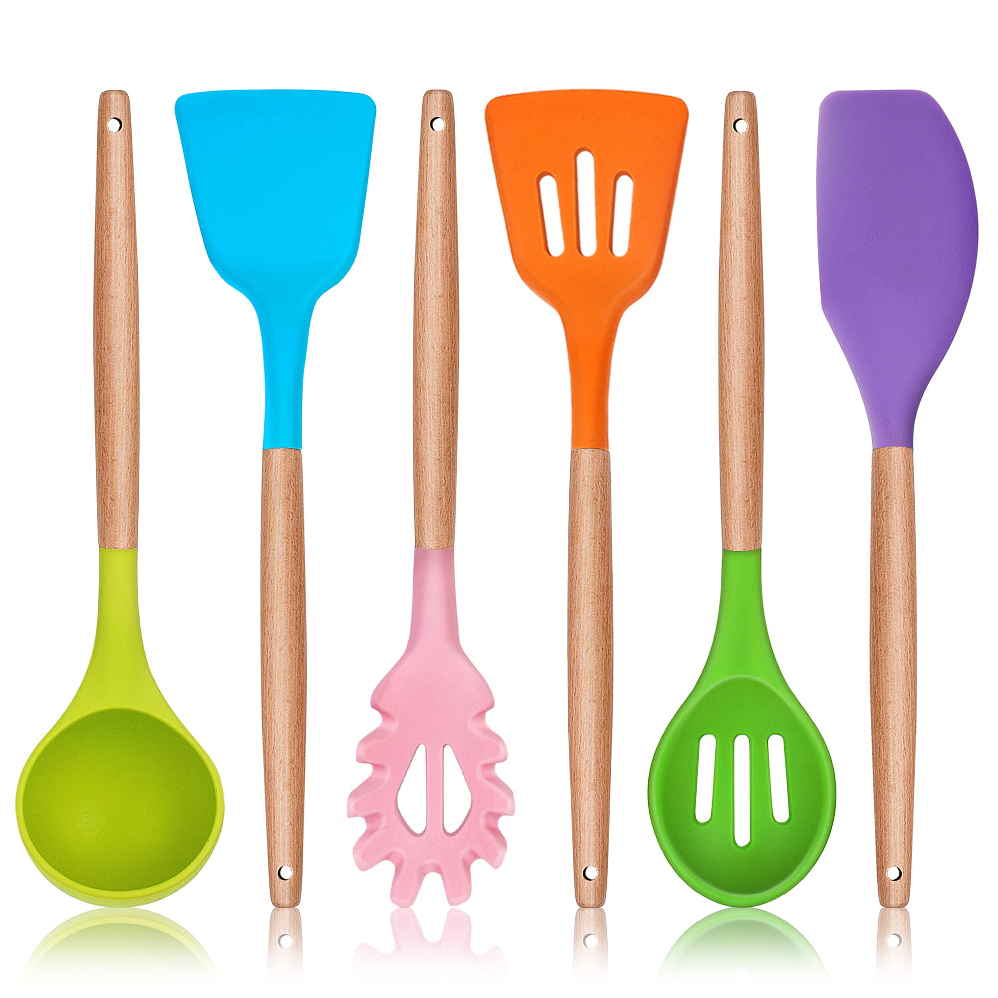 Herogo Kitchen Utensils Set, 6 Piece Silicone Cooking Utensils Set, Non-Stick Spatula Turner Spoon with Wooden Handle, Heat Resistant Kitchen Tools for Nonstick Cookware - Multicolor