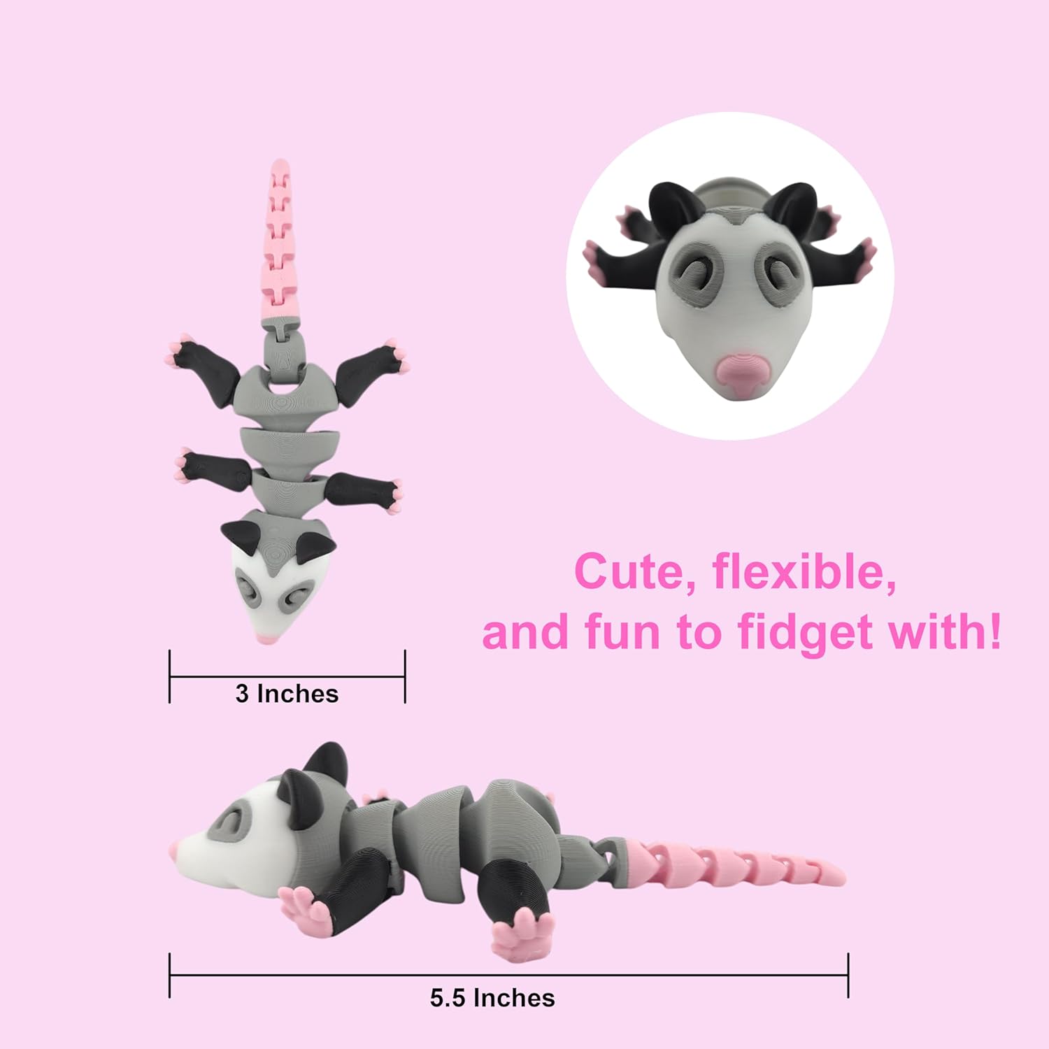 3D Printed Articulated Possum Figurine | Realistic Black, Grey, White, and Pink Colors | Adorable Desk Decor and Collectible Toy | Fidget (Possum Only)