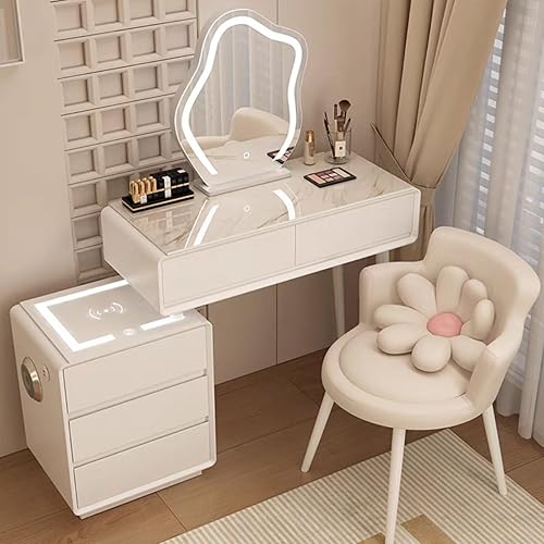 Miniatura 25 de Tocador con espejo con luces, mesa de tocador con cajones, mesa de maquillaje blanca, 3 modos de iluminación de brillo ajustable, para dormitorio,