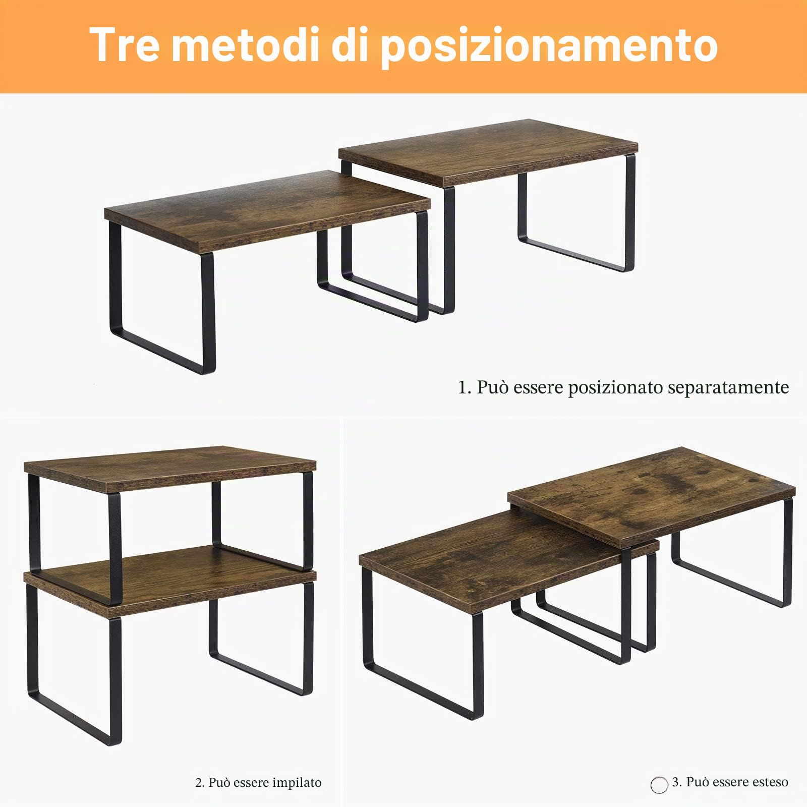 LIANTRAL Organizzatori da Cucina, Set di 4 Scaffali da Banco, Portaoggetti per Armadietto, portaspezie, Impilabile, Espandibile, Metallo e Legno Ingegnerizzato, Marrone Rustico/Nero