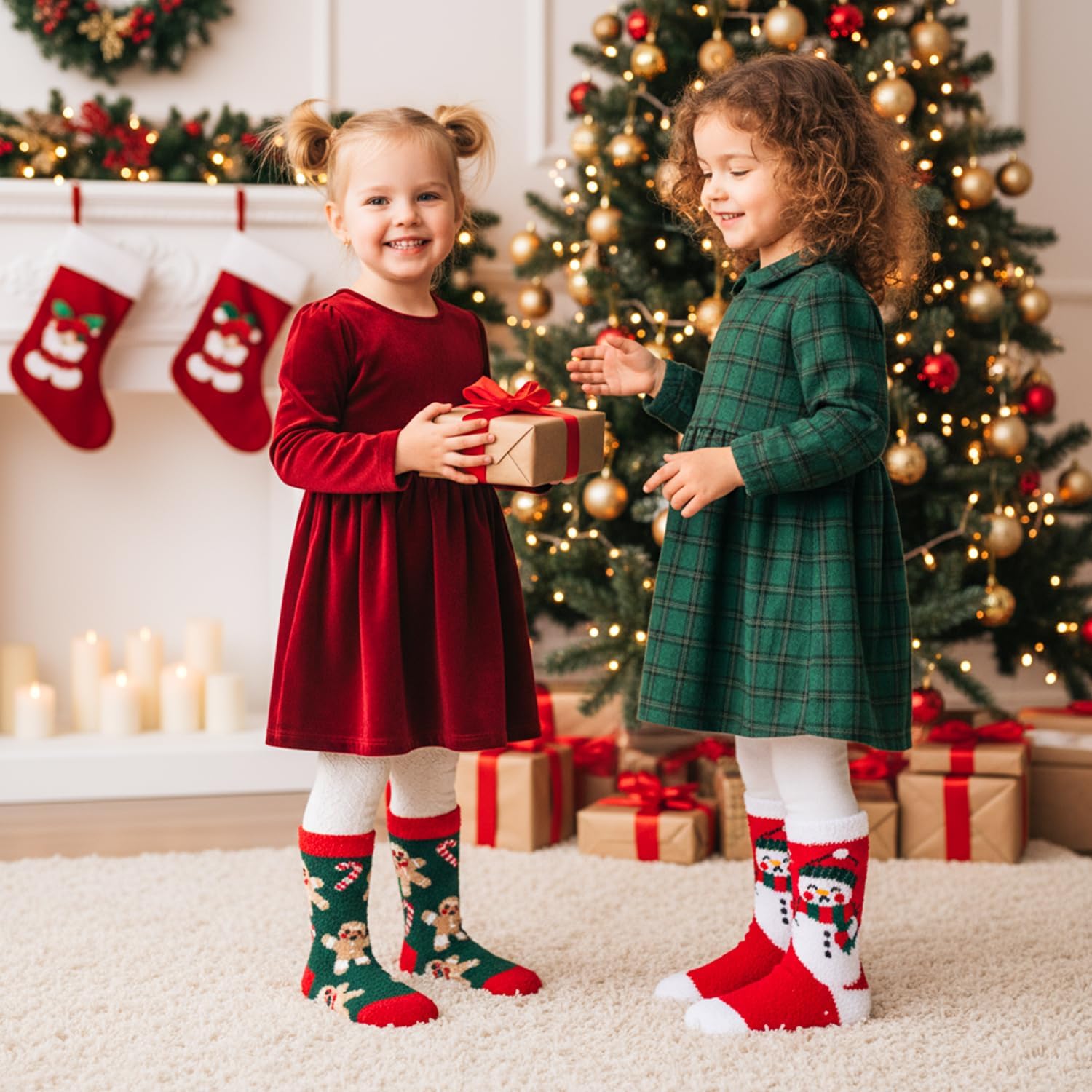 HONGTEYA Girls Kids Fuzzy Socks with Grips Toddler Non Slip Slipper Socks Crew Fluffy Warm Winter Sock 6 Pairs for 4-12 Years - Image 7