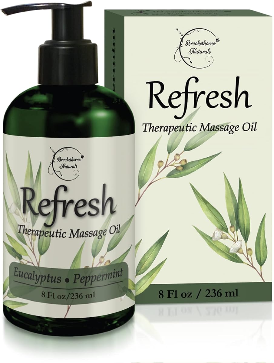 Brookethorne Naturals Refresh Massage Oil for Massage Therapy | 8oz | Nut-free body massage oil with Eucalyptus & Peppermint Essential Oils. All natural, smooth glide. Paraben-free, made in USA.
