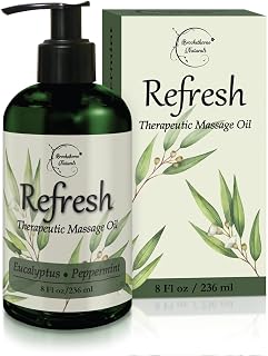 Brookethorne Naturals Refresh Massage Oil: Eucalyptus & Peppermint for Sore Muscle Relief, All-Natural Nut-Free Full Body Relaxation 8oz