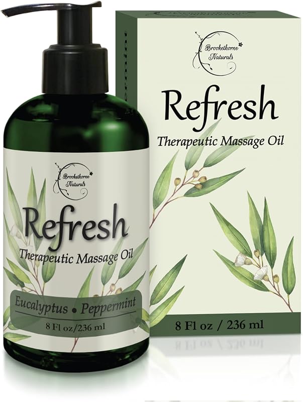 Brookethorne Naturals Refresh Massage Oil for Massage Therapy | 8oz | Nut-free body massage oil with Eucalyptus & Peppermint Essential Oils. All natural, smooth glide. Paraben-free, made in USA.