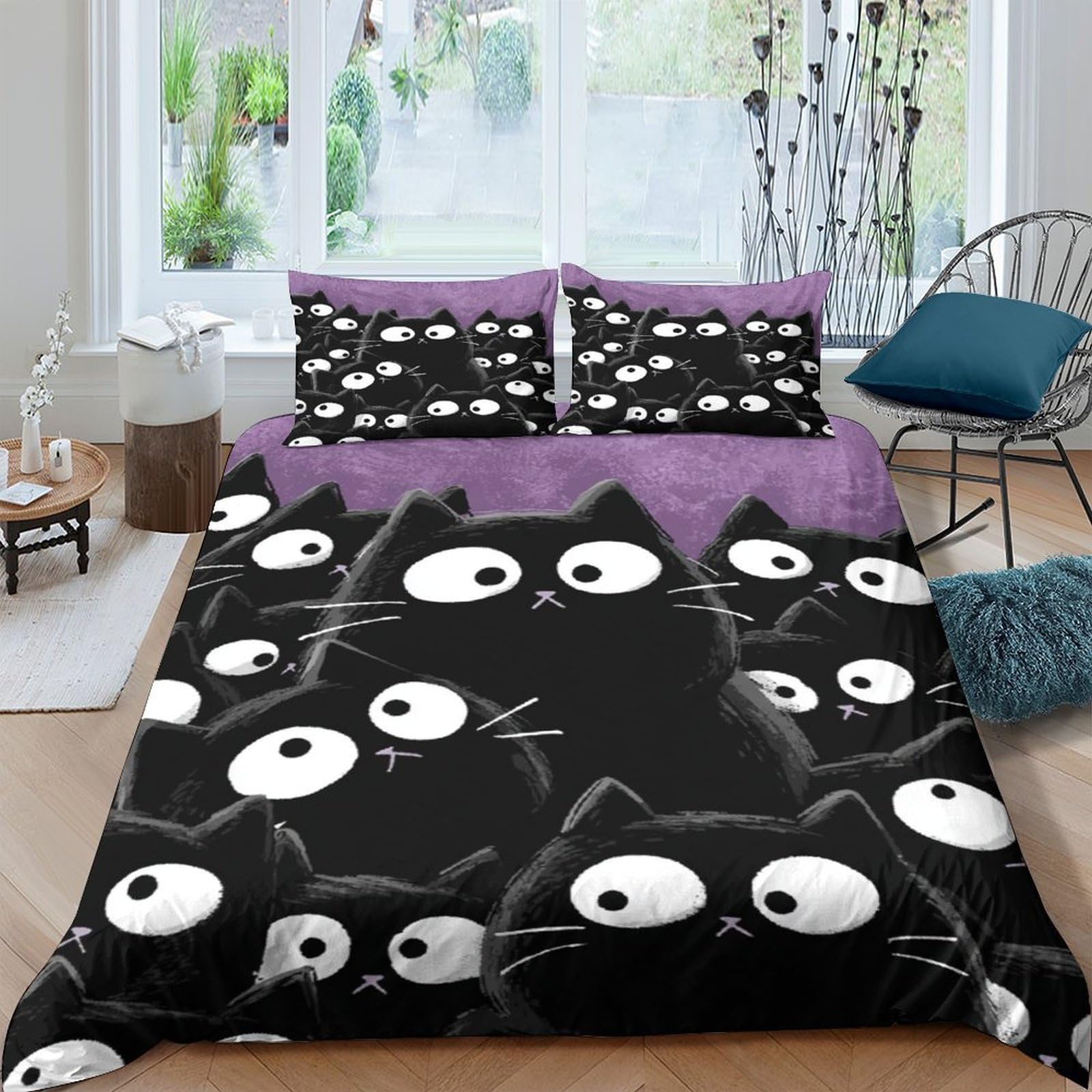 XFKLYNVCJ 3D Printed black cats Bedding Cover Microfiber cartoon style illustration Comforter Cover Hypoallergenic Fade Resistant Couples Home Use King（220x240cm）