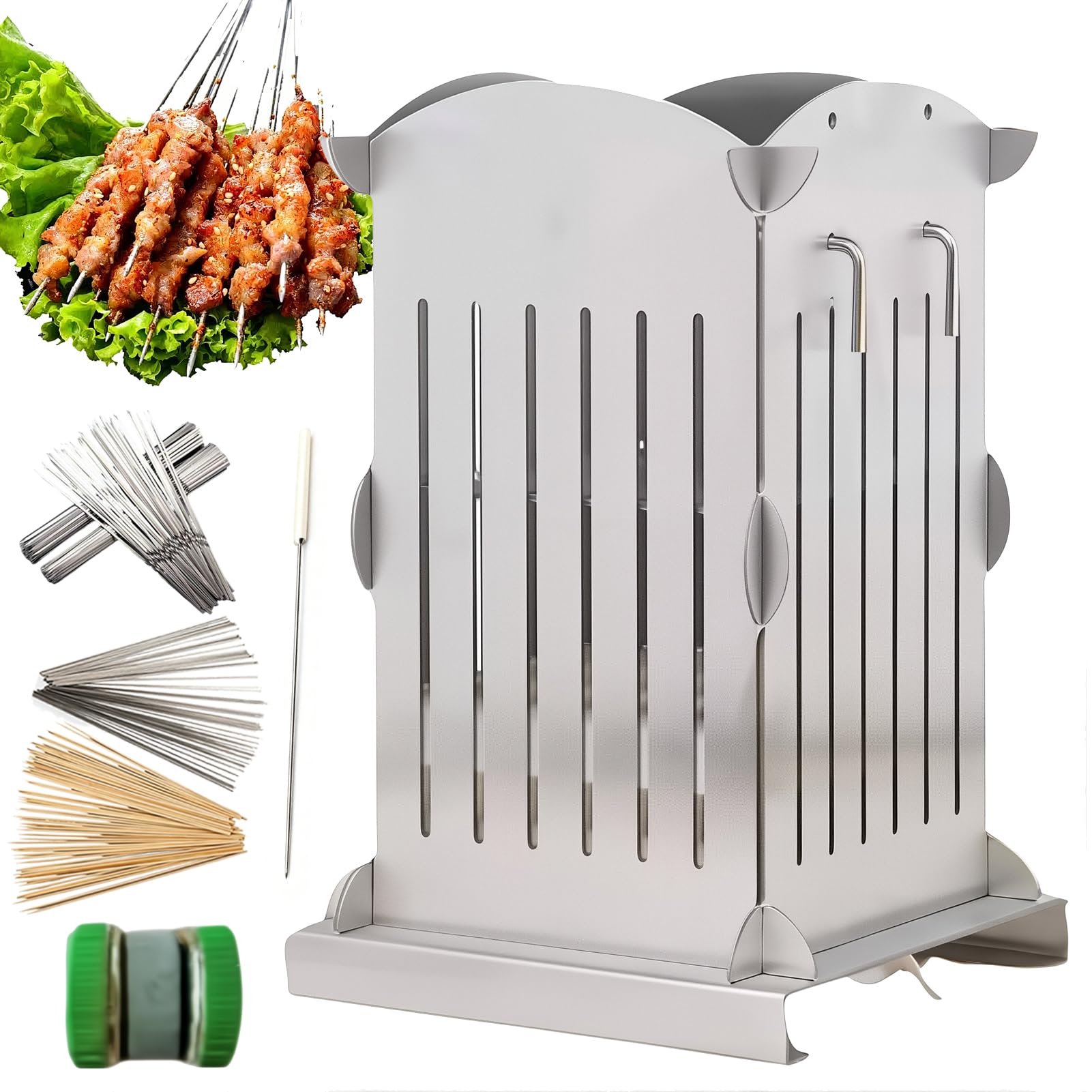 FHRKA Kebab Maker Box, BBQ Kebab Maker with 49/56/64/81 Holes & 150 Grilled Meat Skewers, Stainless Steel Meat Skewer Machine (64)