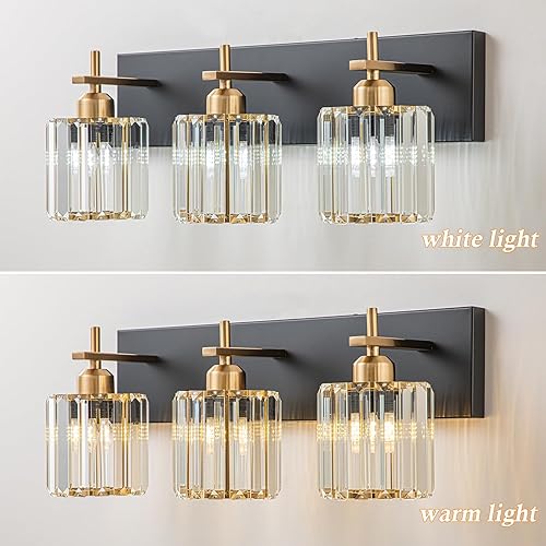 Miniatura 4 de Modernas luces de cristal para tocador de baño, 3 luces de baño de oro negro sobre el espejo, lámpara de tocador de cristal con acabado dorado