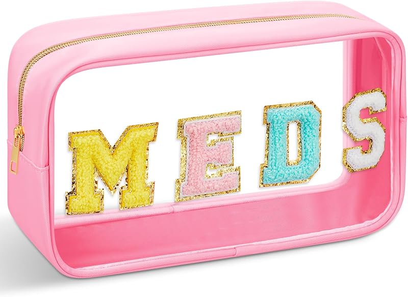 Necessaire Geetery rosa com zíper, alça e patches de chenille [MEDS]