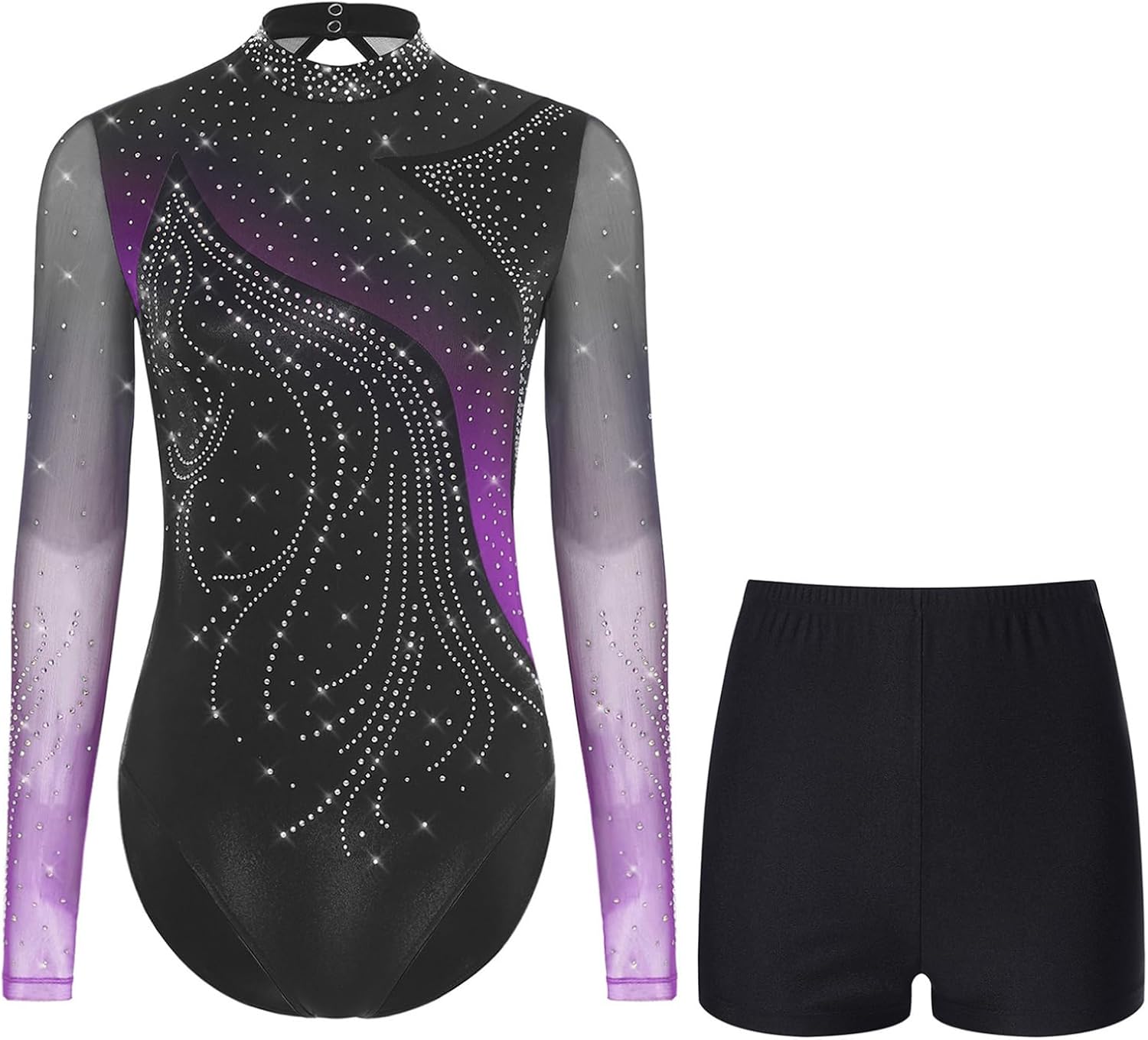 XUNZOO Gymnastics Leotard Outfits Rhinestone Figure Skating Bodysuit Long Sleeve Ballet Unitard with Shorts Sets