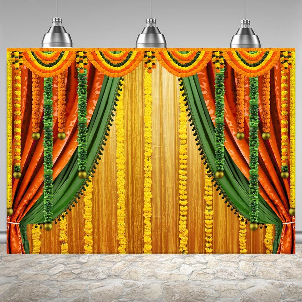 Lofaris India Pooja Photography Backdrop Puja Ganpati Pooja Traditional Mehndi Festival Background Diwali Decorations Wedding Party Marigold Garlands Photo Props 7x5ft