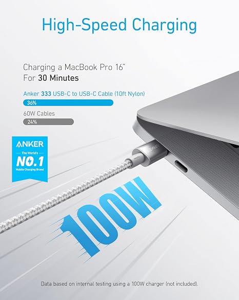 Anker 333 Nylon USB C Cable Fast Charging 100W, PD 3.0 [3m] White, 1 Pack
