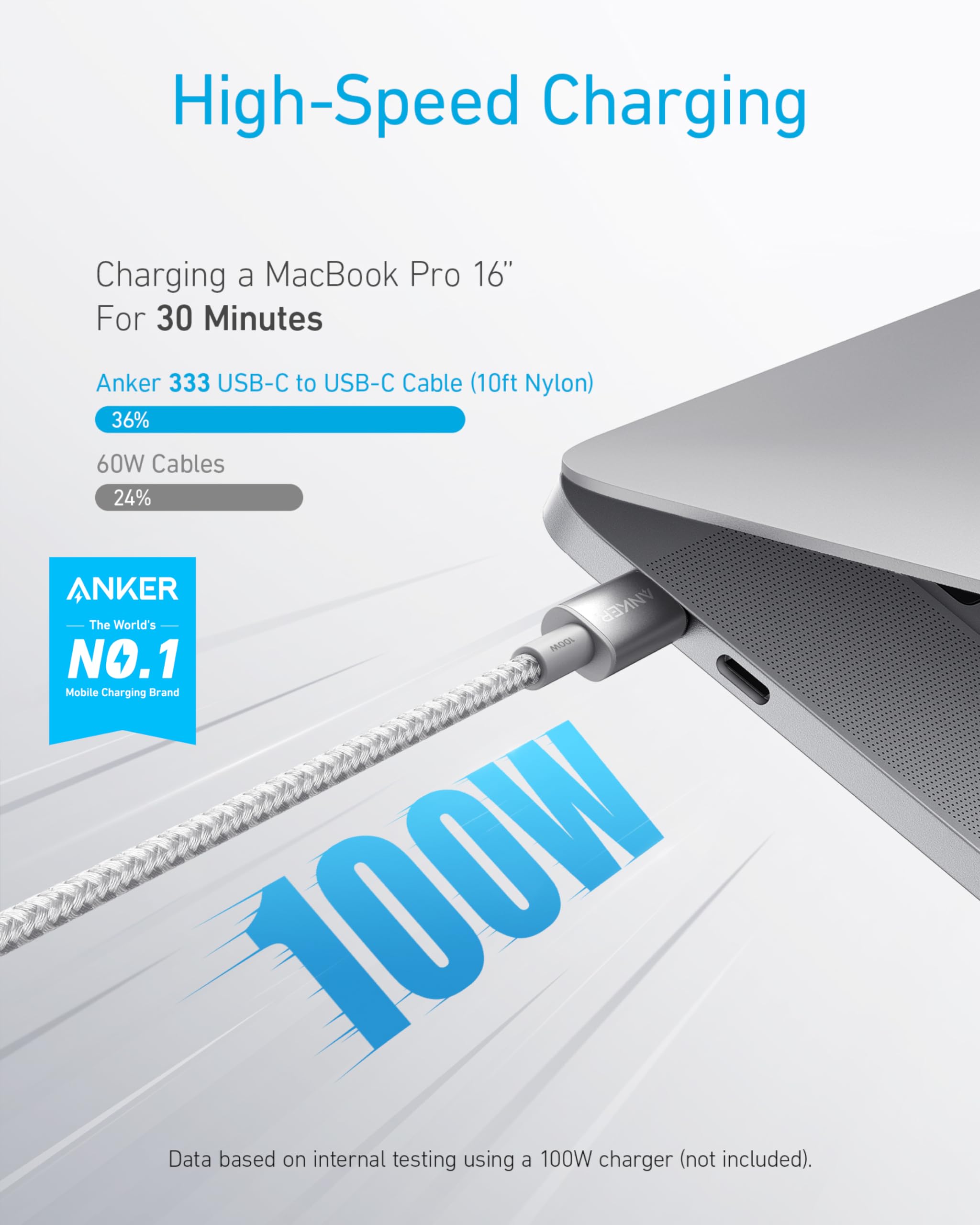 Image secondaire de Câble USB C Anker 100W Charge Rapide 3m - Argent