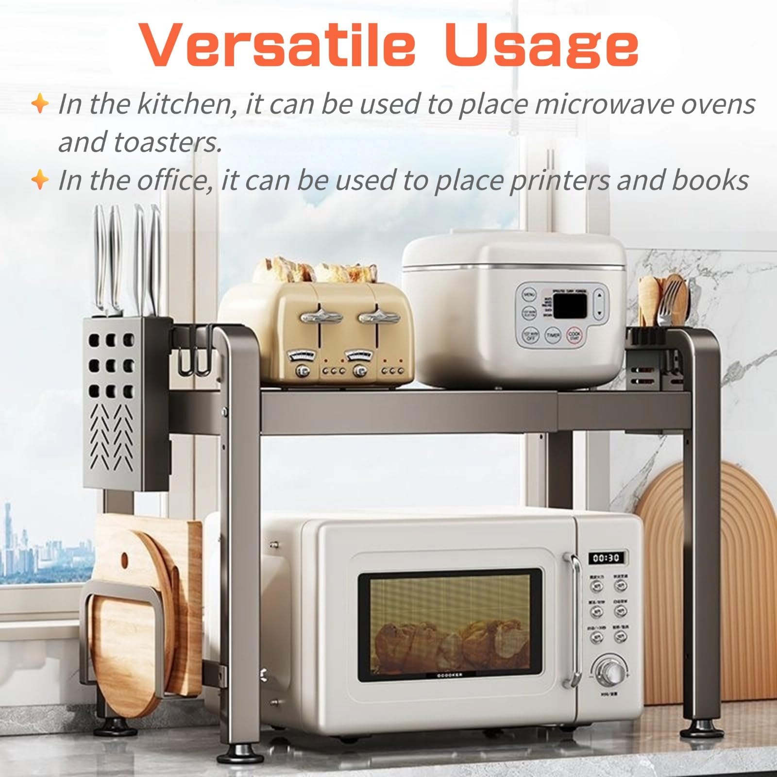 Mensola espandibile per microonde con 6 ganci, supporto estraibile per forno a microonde, 2 livelli, supporto per forno a microonde, scaffale con organizer per piani di lavoro della cucina