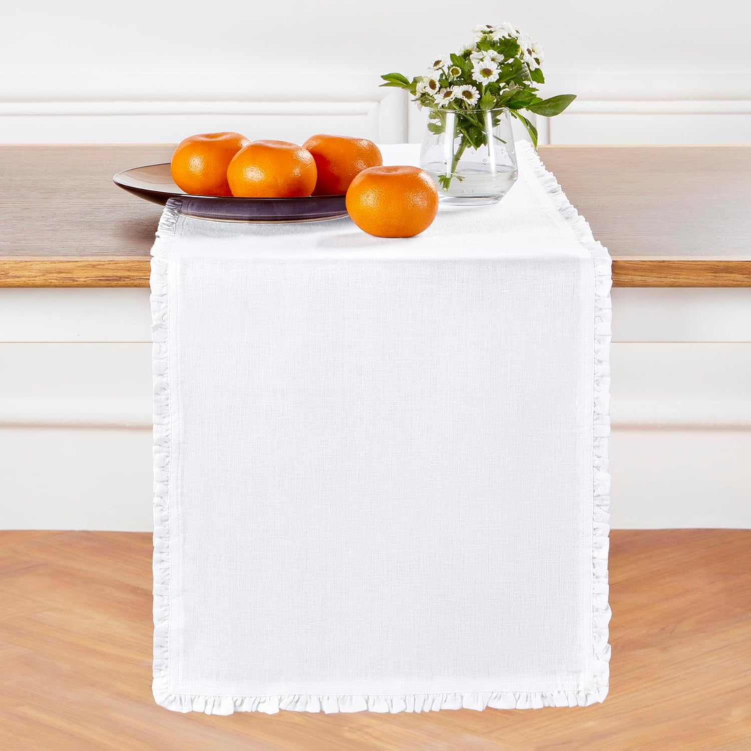 Solino Home Ruffle Linen Table Runner 120 Inches Long - 100% Pure Linen White Table Runner 14 x 120 Inch for Mothers Day, Spring, Easter - Juliette Ruffle, Handcrafted and Machine Washable