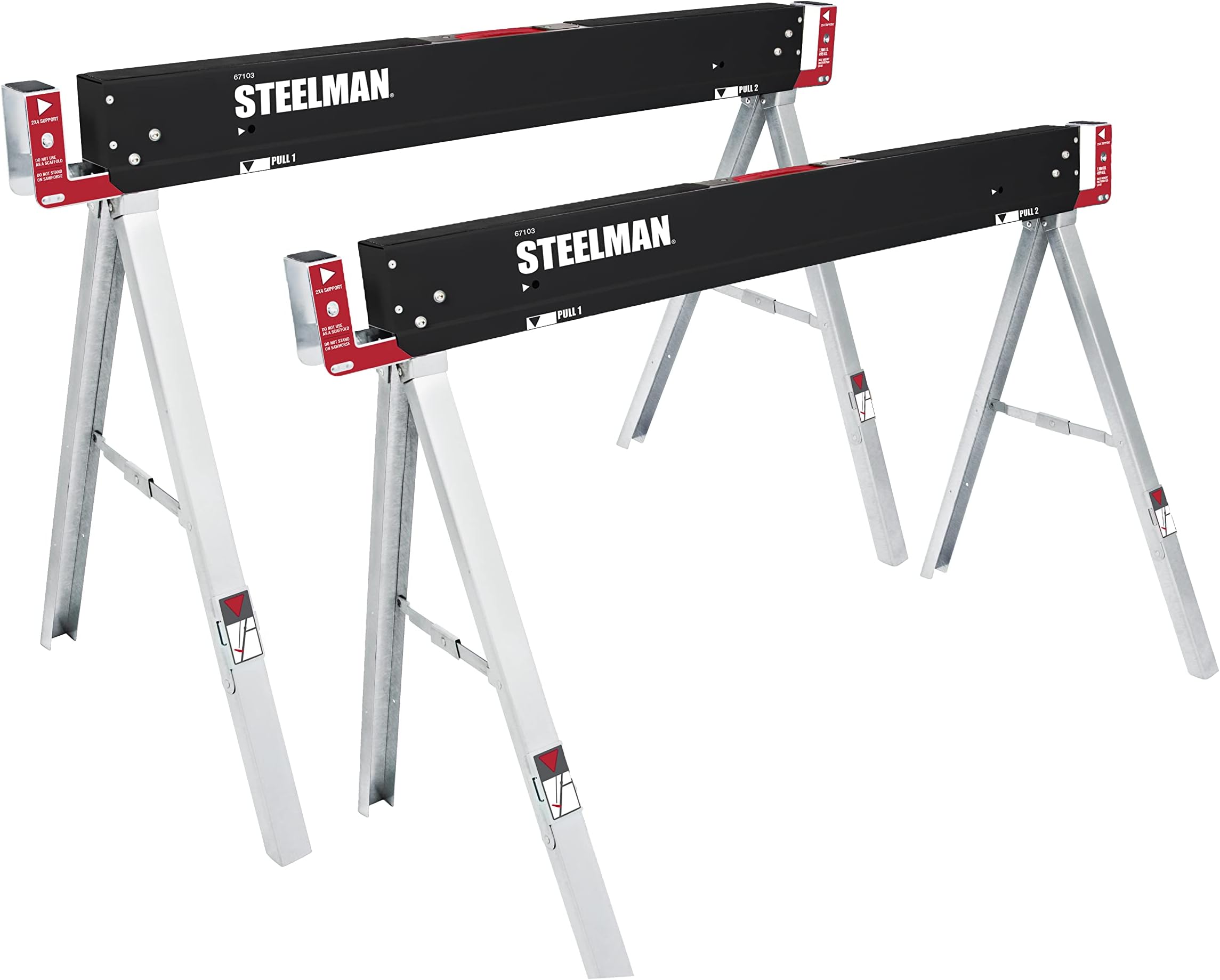 Steelman Work Table Folding Sawhorses, Set of Two, Durable Steel Construction, Folding Legs, 2x4 Table Support Arms, 2,200 lb. Combined Loading Capacity