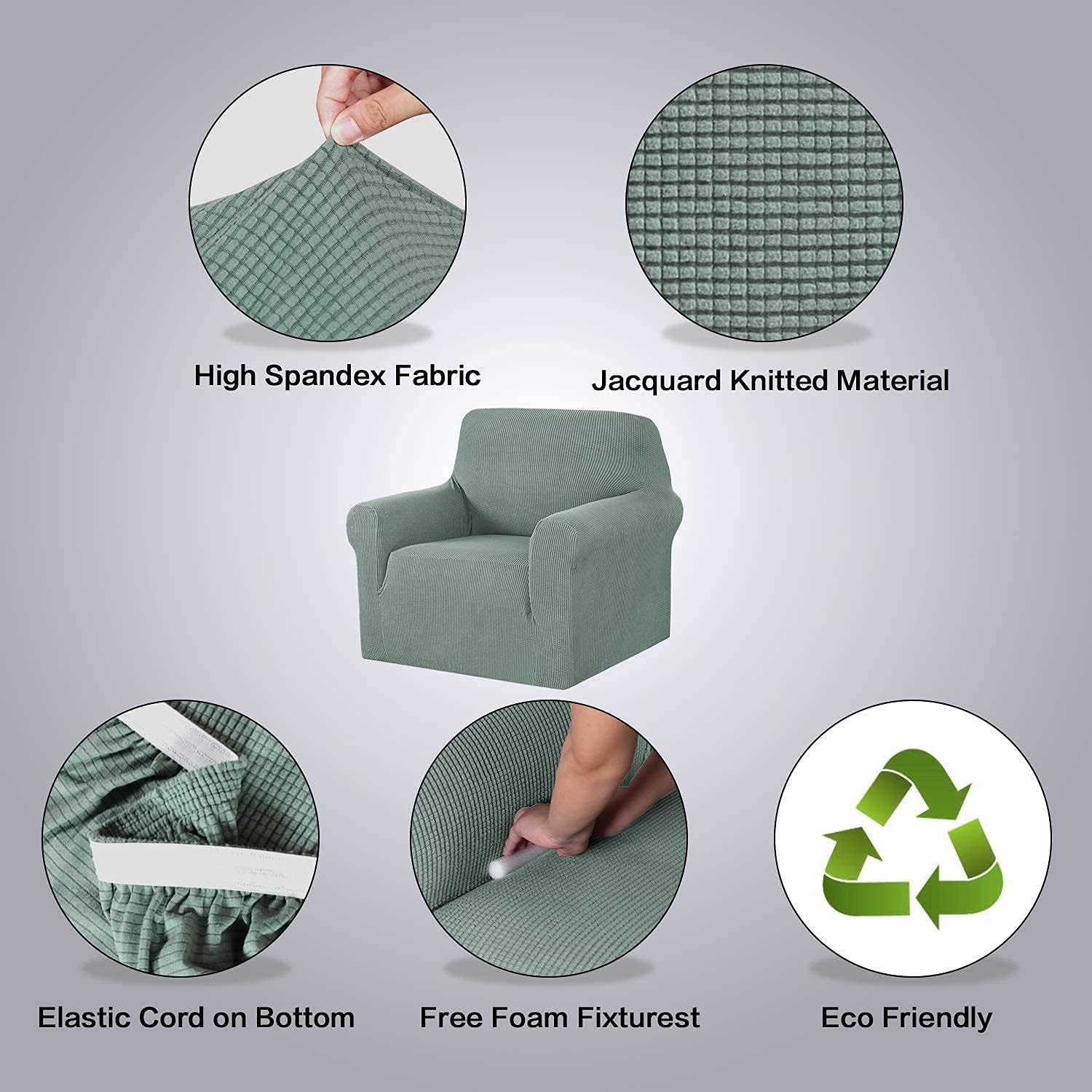 H.VERSAILTEX 1 Piece Sofa Cover for Armchair 32"-48" Bundle Round Ottoman Slipcover(Medium, Sage)