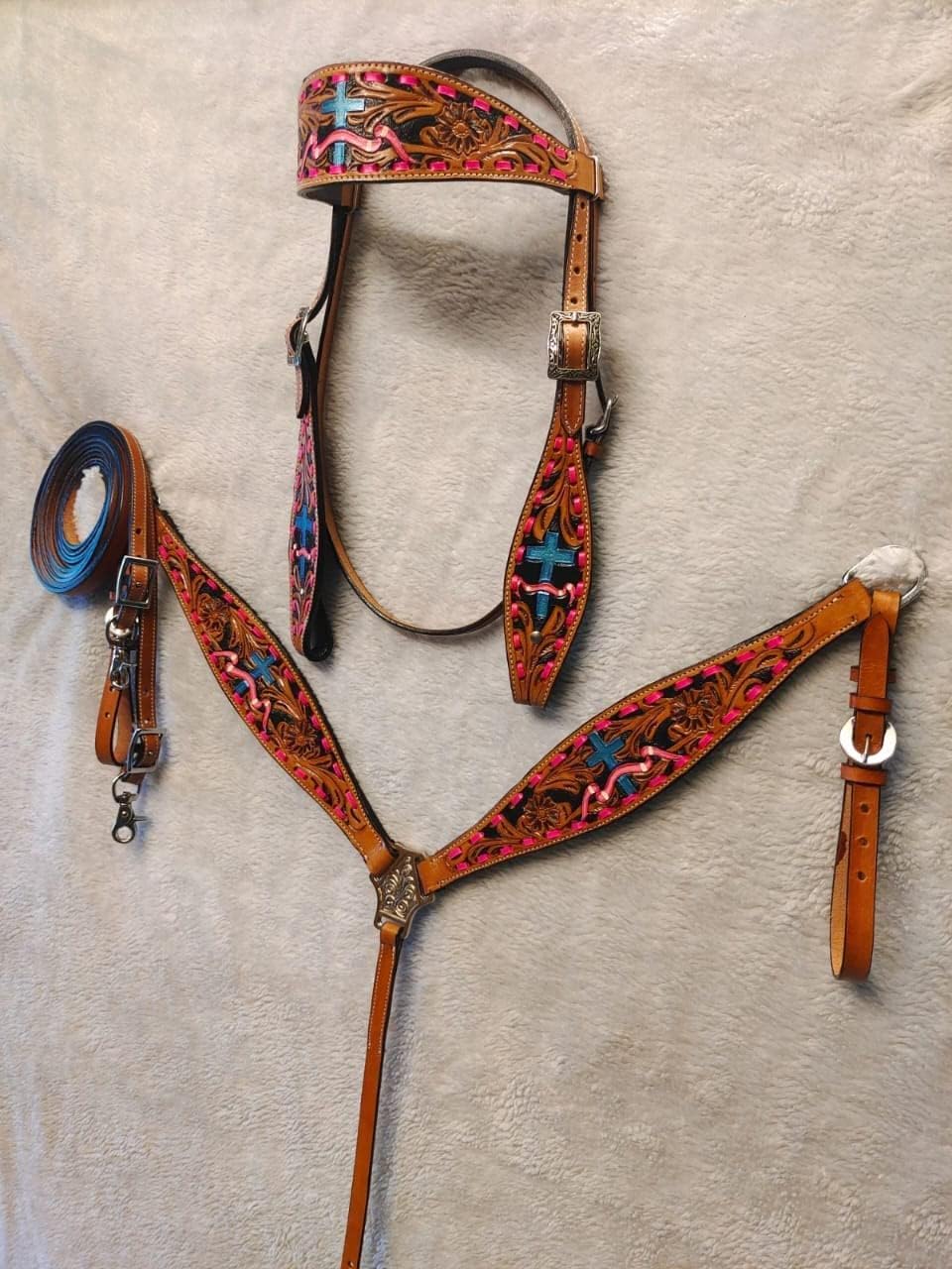 Deen, Enterprises Western Premium Leather Hand Carved Tooled Equestrian Trail Tack Set Headstall, Breast Collar & Reins Size Full : Sports & Outdoors