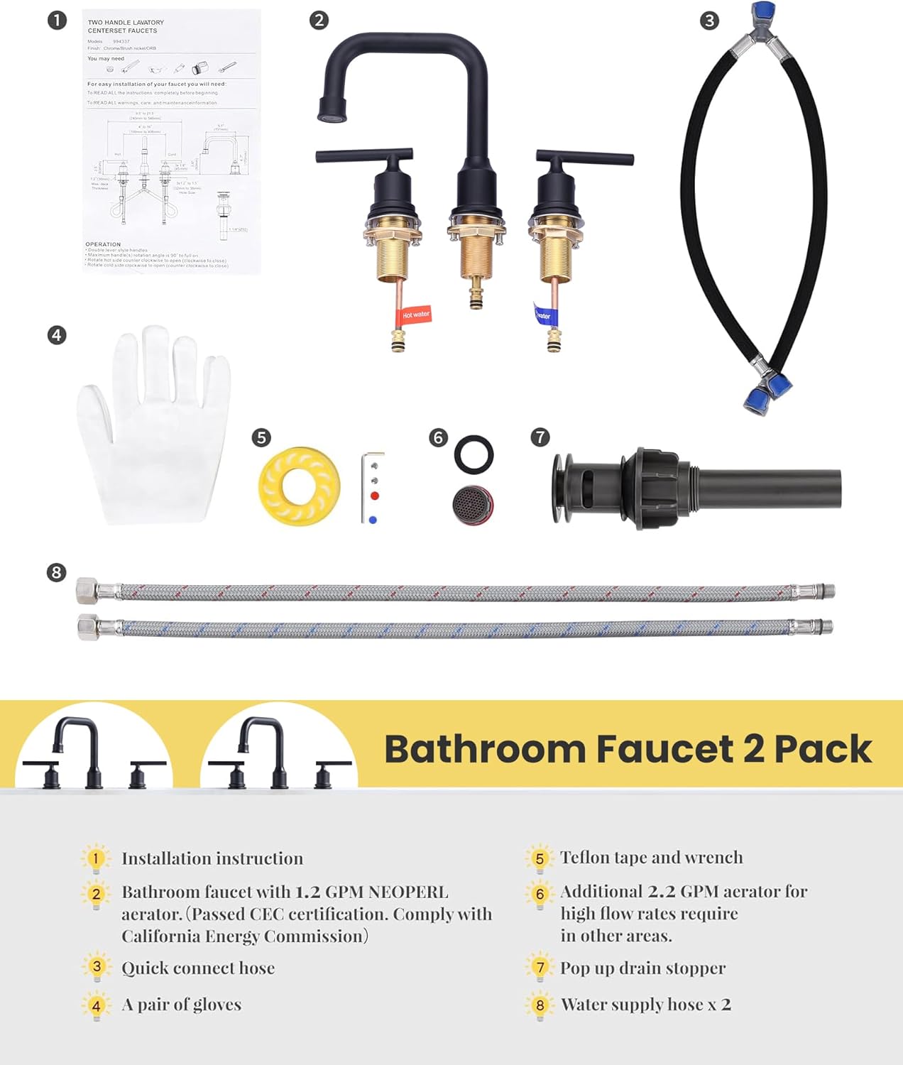3 Hole Bathroom Faucet Black: WOWOW 8 Inch Bathroom Sink Faucet Widespread, Two Handle Vanity Taps with Pop-up Drain and Supply Lines, 360 Swivel Lavatory Tap High Arc Modern (2 Sets) - Image 9
