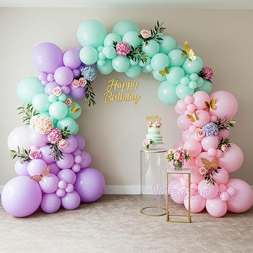 Miniatura 3 de Kit de arco de globos rosa, morado y verde menta, globos pastel de doble relleno con mariposas doradas para baby shower, cumpleaños de niña, tema de
