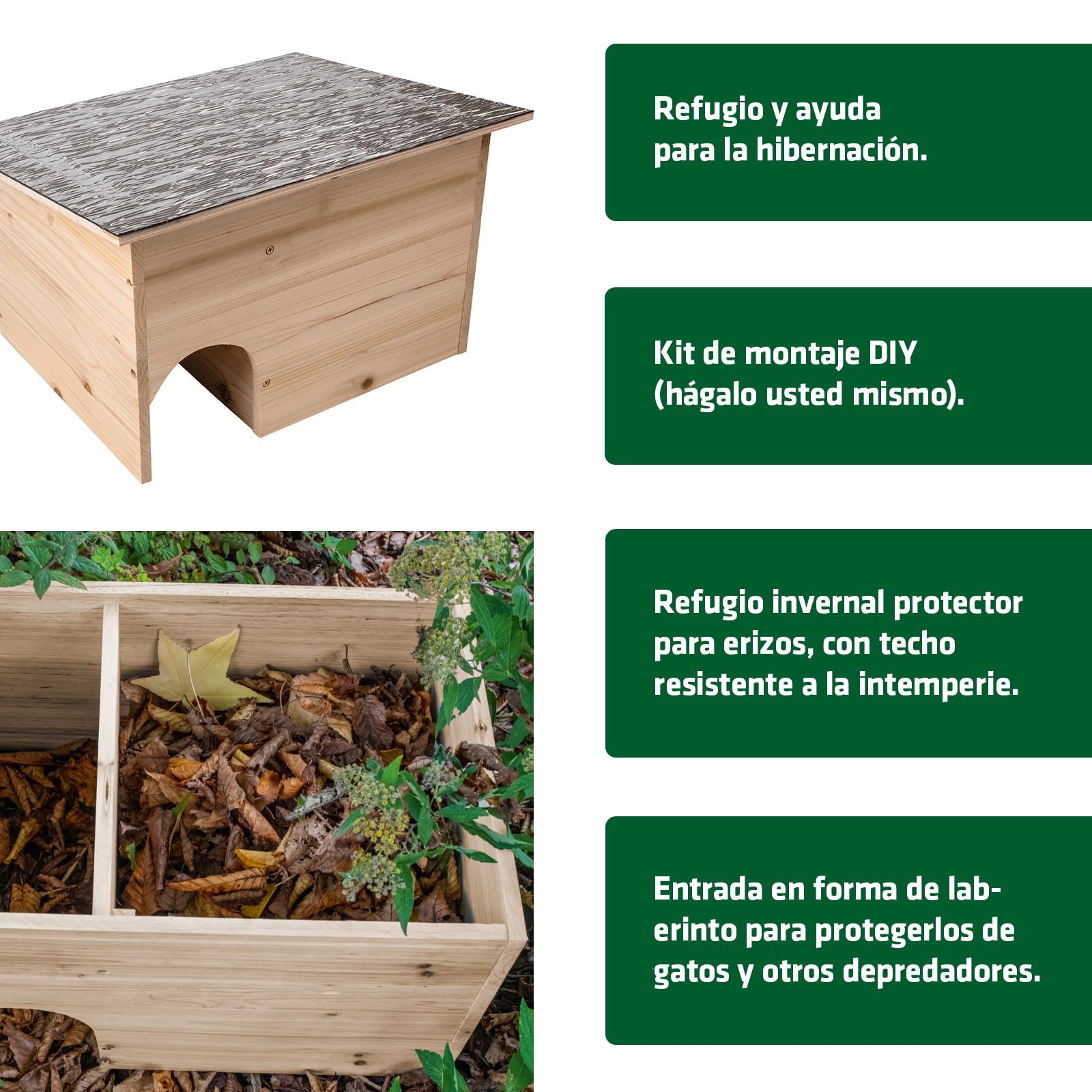 Gardigo® Casa para Erizos DIY - Kit de Madera | Techo Resistente a la Intemperie, Entrada Laberinto - 48×29×38 cm | contra Depredadores | Hogar para Erizos de Jardín | Refugio para Puercoespines