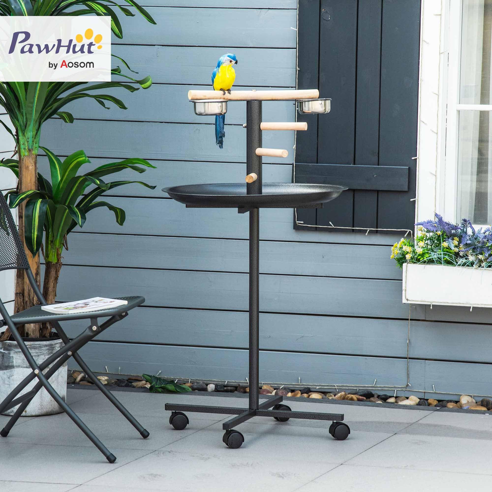 PawHut Perchoir Perroquet Mangeoire à Oiseaux sur Pied Ø 60 x 111 cm Gris | 4 Roulettes, Barres en Bois, 2 Mangeoires en Acier Inoxydable, Plateau Rond à Bords Hauts