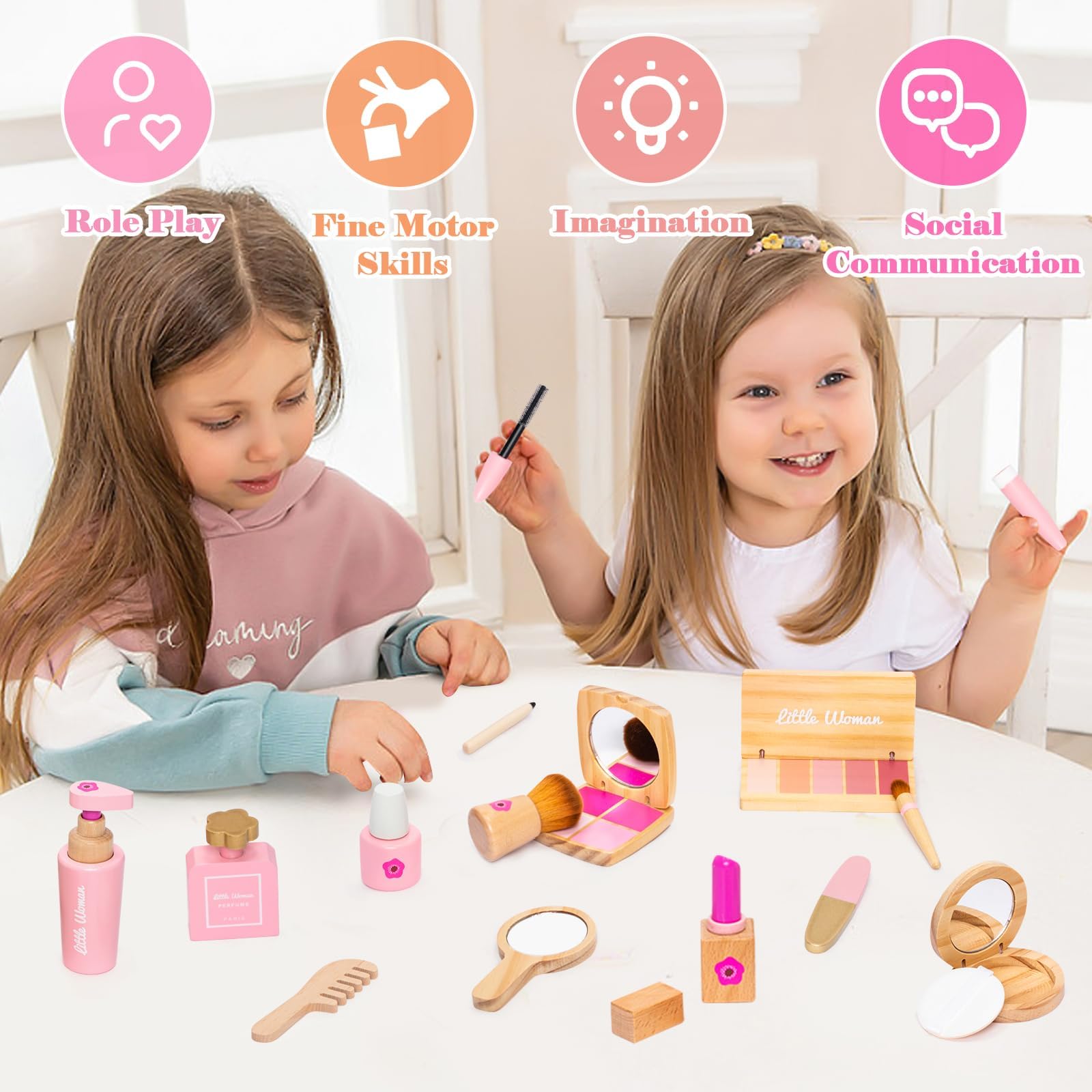Schminkset Kinder Holz – 15-teiliges Premium Holzspielzeug Kosmetiktasche mit Lippenstift, Lidschatten, Spiegel & Parfüm – Montessori Frisiertisch Zubehör Rollenspiel Geschenk für Mädchen ab 3 Jahren