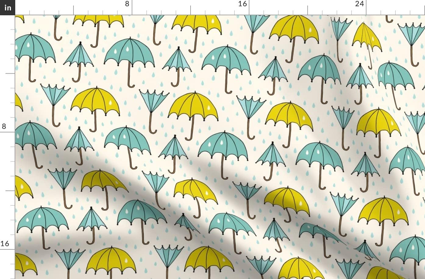 Spoonflower Fabric - Umbrella Day Rain Raindrops Drops Chartreuse Teal Umbrellas Gender Printed on Organic Cotton Sateen Fabric by The Yard - Sewing Quilting Apparel Home Decor