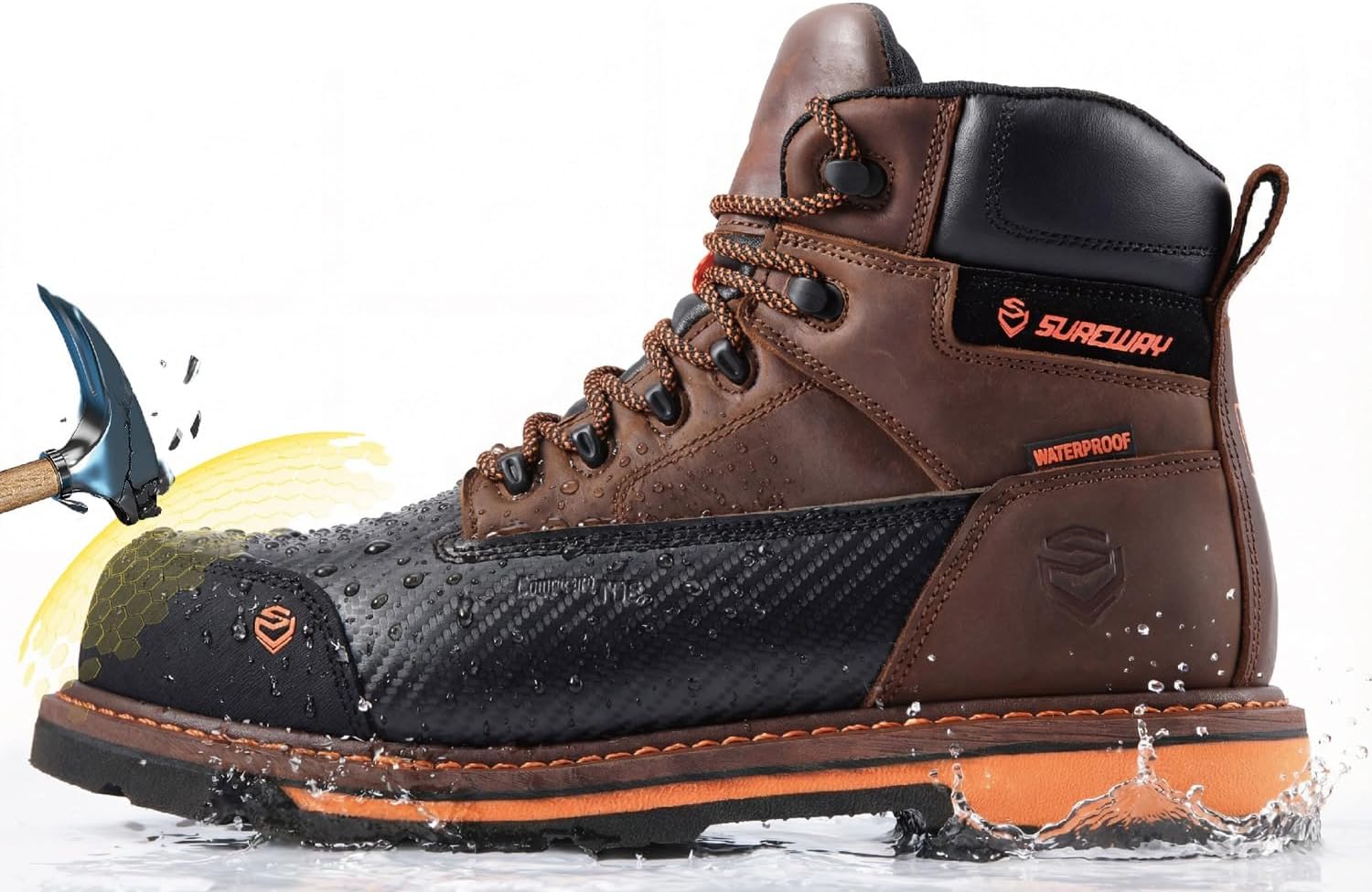 SUREWAY Men's 6" Waterproof Soft/Composite Toe Work Boots - Crazy Horse Leather Safety Shoes,GoodyearWelt Slip Resistant EH Rated Heavy Duty Construction Boots for Industrial, Roofing, Landscaping