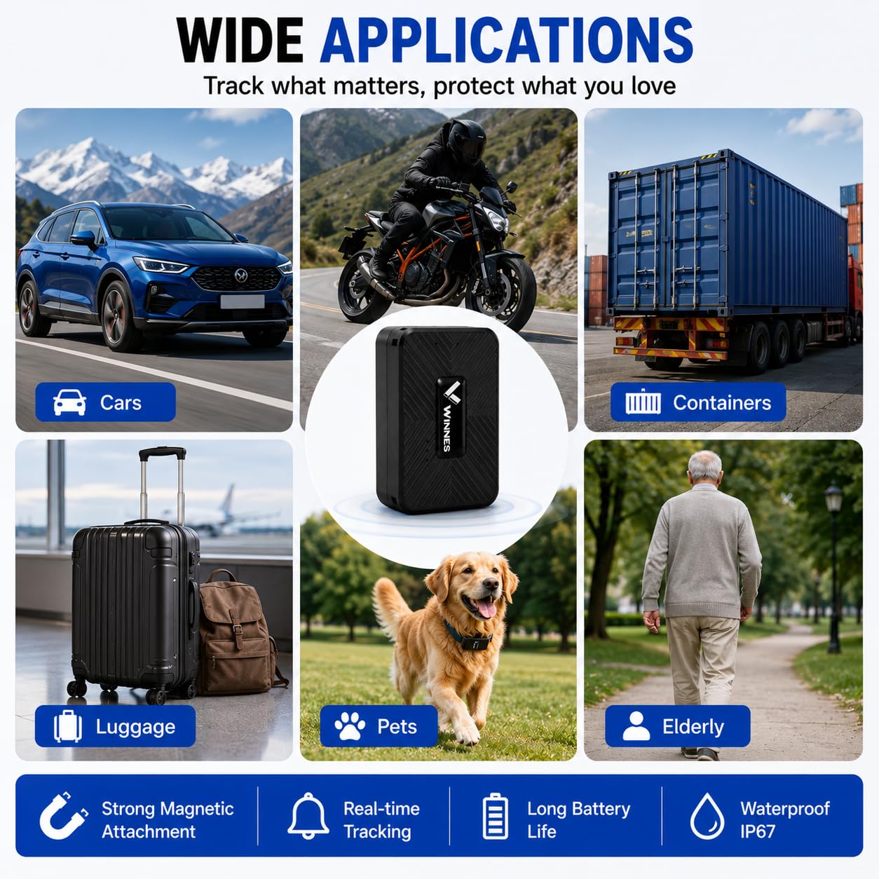 Winnes Mini Traceur GPS (GPS/AGPS/LBS), localisateur magnétique étanche pour Enfants, Voiture, vélo et Valise, Suivi en Temps réel, Fonction Anti-Perte, Application Gratuite