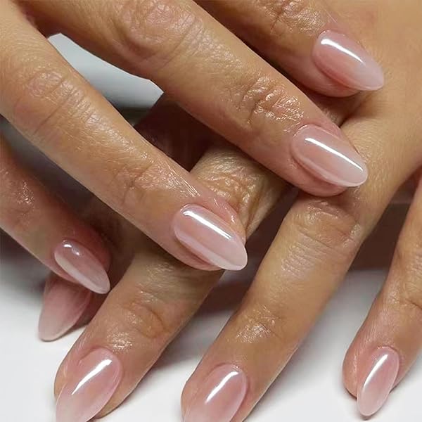 JUSTOTRY 24 Stück Gradient Pink Nägel Zum Aufkleben Kurz,Einfarbig Mandel Press on Nails Muster,Glossy Oval Kunstnägel Fake Nails Mittel,French Fingernägel Künstliche Nägel für Frauen - 1