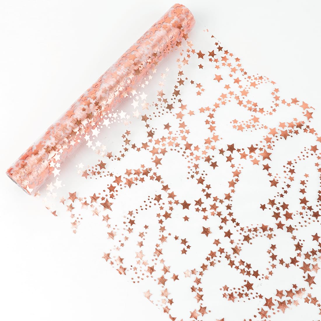 Camino de Mesa Navidad, Table Runner Christmas, 28CM*500CM Rollo Camino de Mesa con Patrón de Estrella Oro Rosa, Decoración Navideños Camino de Mesa, para Navidad, Cena, Boda, Cumpleaños, Fiesta