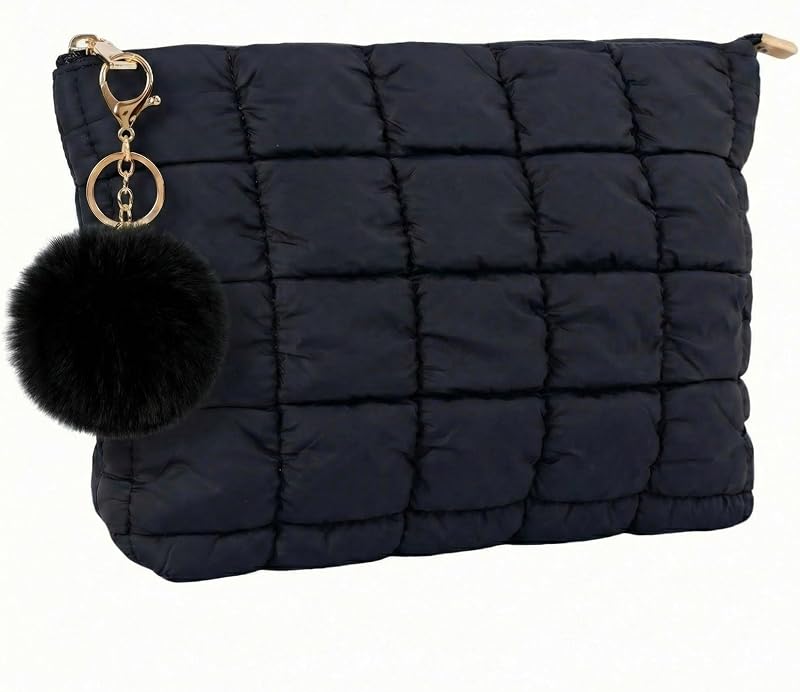 Necessaire de maquiagem CECKQUE preta acolchoada com chaveiro e pulseira de pérolas, 20,07 x 5,08 x 17,78 cm