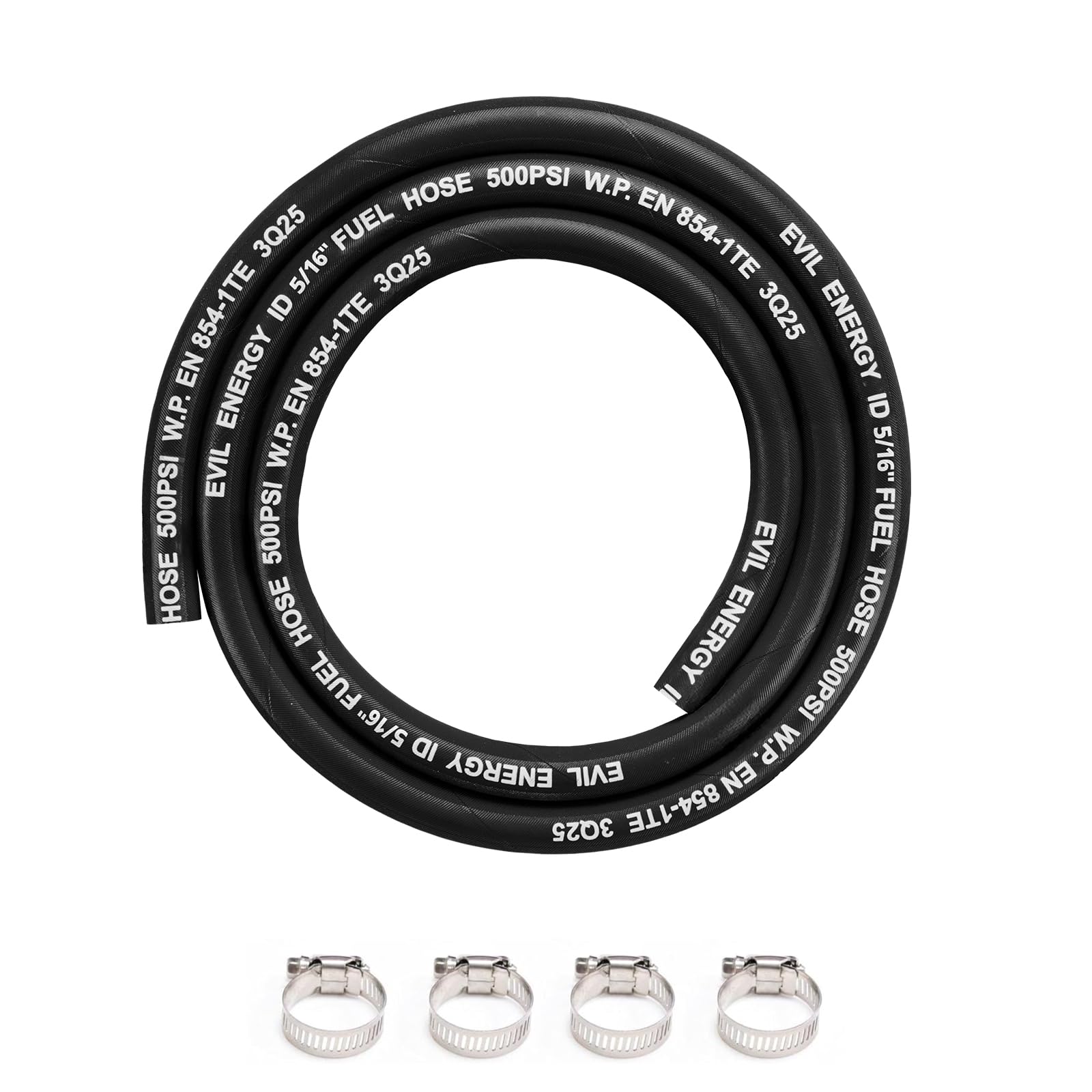 EVIL ENERGY 5/16" High Pressure Fuel Line Hose 5FT 500 PSI E85 for Fuel Systems Engines NBR Rubber EN854-1TE Black