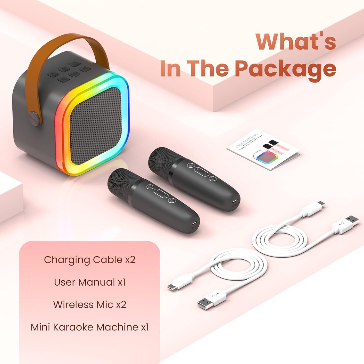 Mini Karaoke Machine for Kids Adults, Portable Bluetooth Speaker with 2 Wireless Karaoke Microphones, 2026 TOP Birthday for Girls Boys 3,4,5,6,7,8+Year Old Toddler Toys Karaoke Player Valentine(Grey) - Image 7