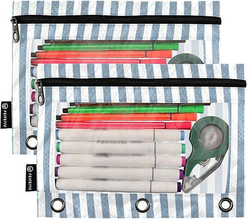 Miniatura 2 de Estuche para lápices de rayas azules con 3 anillos, bolsa con cremallera y ventana de PVC transparente para la familia, oficina, paquete de 2